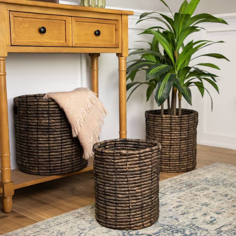 3 Dark Brown Natural Woven Table Floor Cylindrical Seagrass Baskets