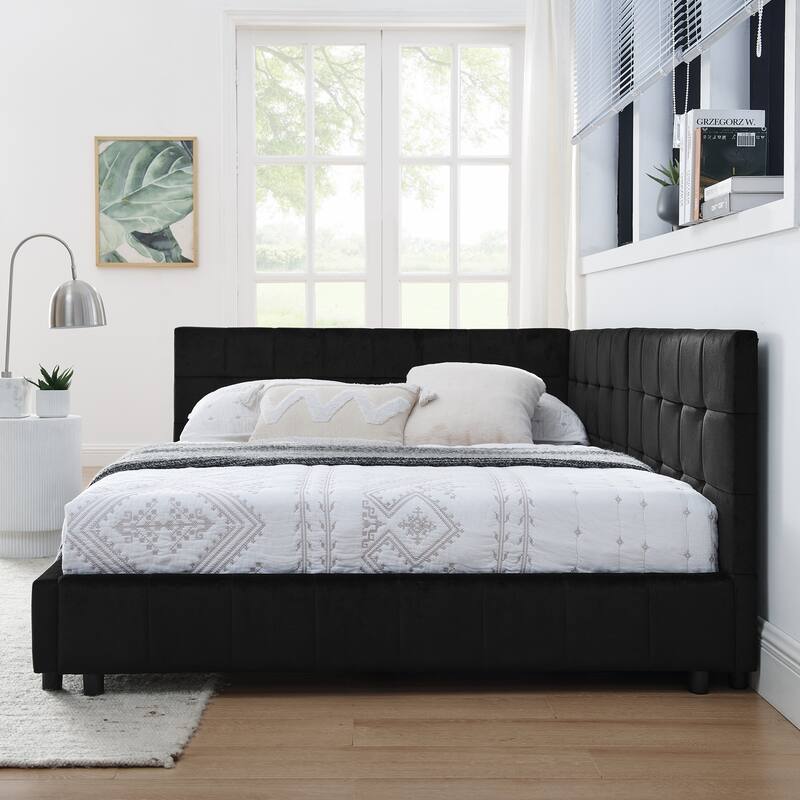 L-shaped Velvet Upholstered Daybed Tufted Sofa Bed with Soft Backrest Armrests - and Optional Corner Storage Day Bed