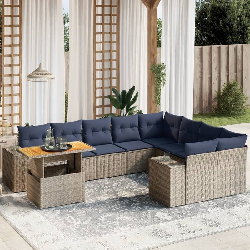 vidaXL Patio Sofa Set with Cushions Outdoor Furniture 10 Piece Poly Rattan - 24.4 x 24.4 x 27.2 - Grey-Table+2x corner+5x middle