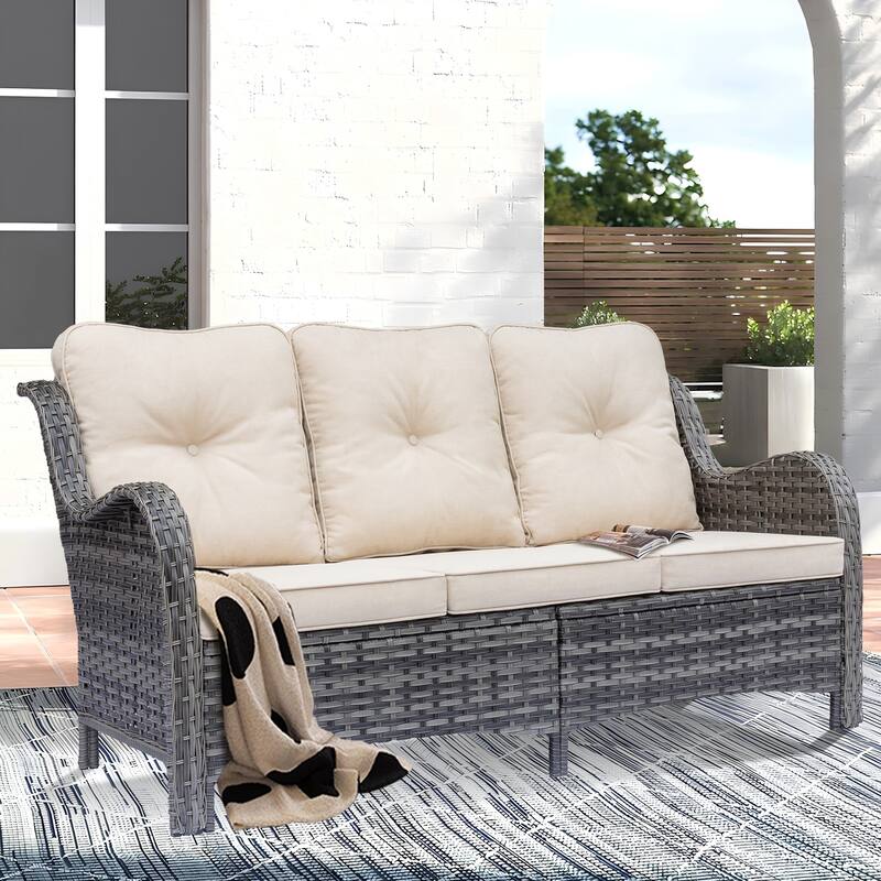 High Back 3-Seat Patio Wicker Couch Curved Outdoor Sofa with Cushions - 1 Piece - Beige
