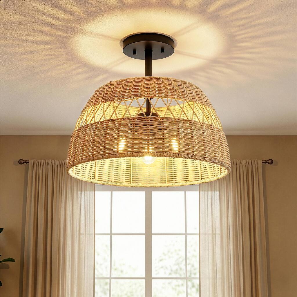 Twinre Rattan Semi-Flush Ceiling Light, Farmhouse Double Light Fixture