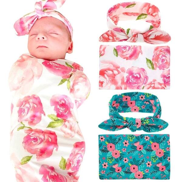 slide 2 of 3, Newborn Baby Swaddle Blanket and Headband Value Set Pink and Blue