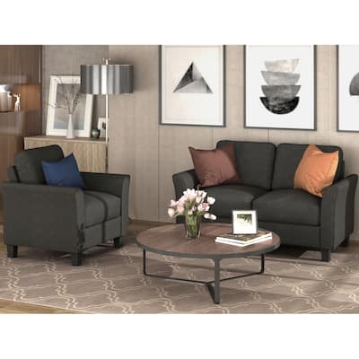 Modern 2 Piece Accent Sofa Set, Living Room Armrest Single Sofa Chair and Linen Loveseat Sofa, Home Theater Leisure Seating Set