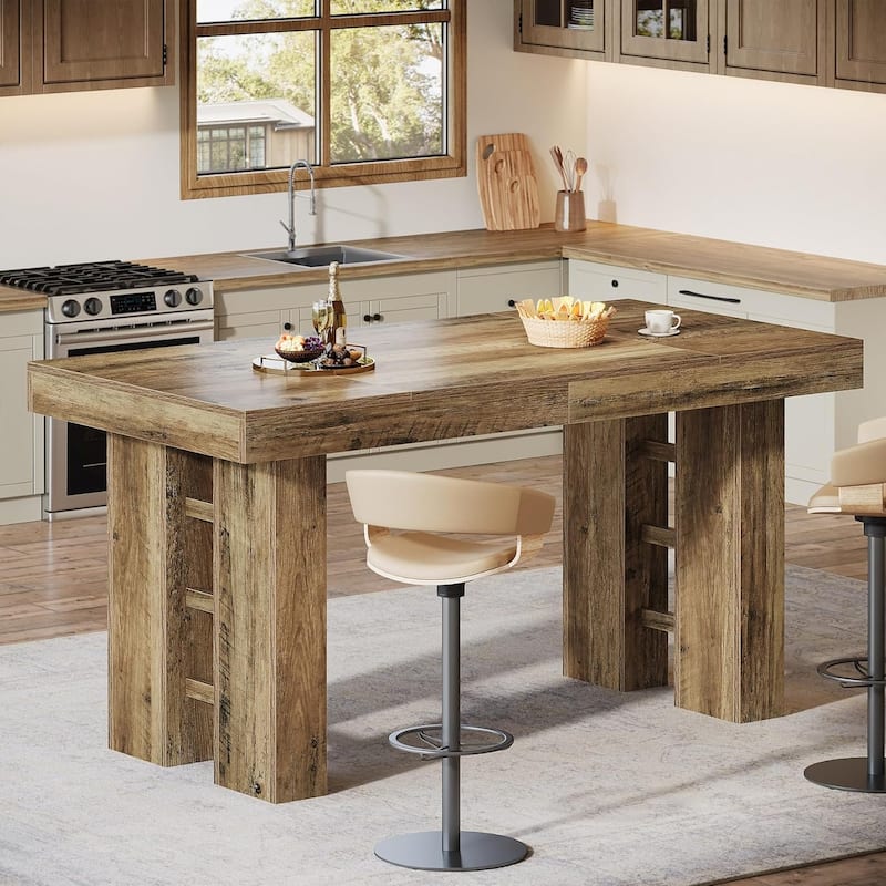63-Inch Long Wood Bar Table, Farmhouse Rectangular Counter Height Pub Table for Kitchen, Dining Room, Living Room