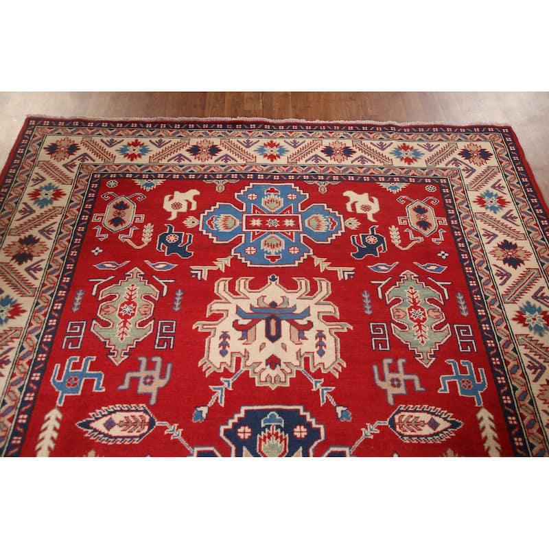 Red Geometric Kazak Area Rug Hand-Knotted Living Room Wool Carpet - 6'8" x 9'9"