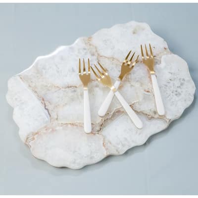 Set of 4 Cocktail Forks w/ White Resin Handles in Giftbox - Gold & White