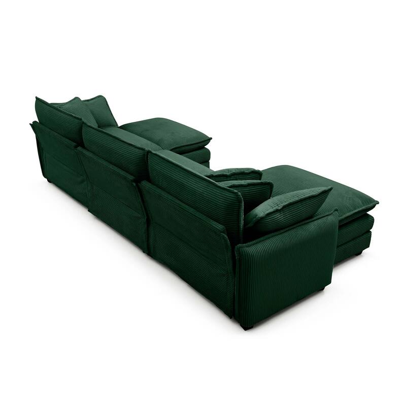 Green 5-piece Corduroy Upholstered U-Shaped Modular Sectional Sofa with 2 Removable Ottoman, 5 Pillows, and Free Combination