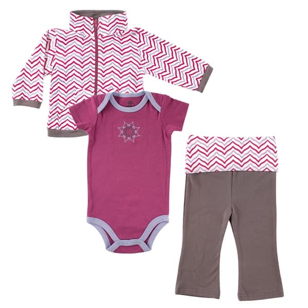 slide 1 of 1, Yoga Sprout Baby and Toddler Girl Cotton Hoodie, Bodysuit or Tee Top, and Pant, Lotus Baby 0-3 Months - Lotus Baby