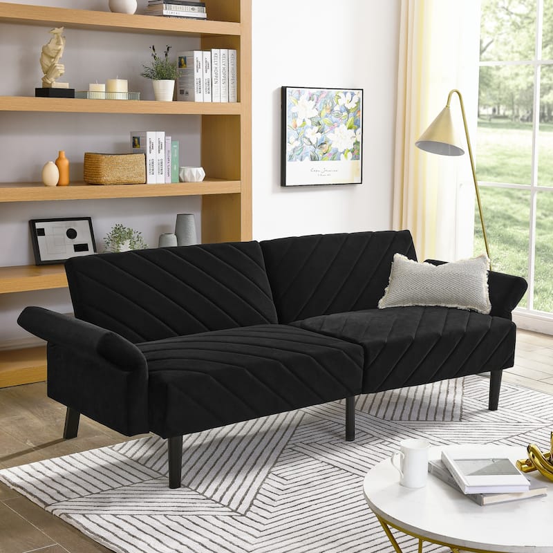 Folding Velvet Futon Sofa Bed with Adjustable Armrests for Apartments
