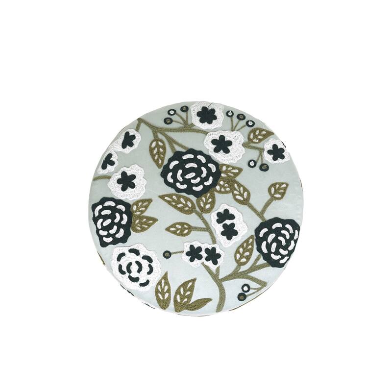 Handmade Embroidered Round Pouf Ottoman - 18" - Cream and Green