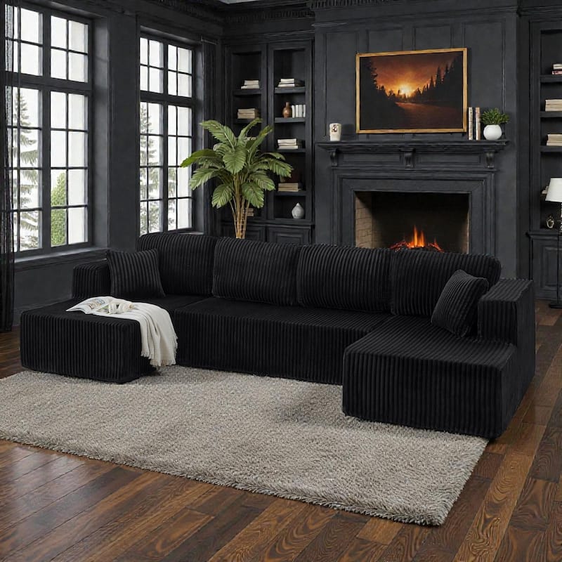 U Shaped Modular Sectional Sofa, Modern Minimalist Corduroy Compressed Couch, Sleeper Sofa for Living Room - Black