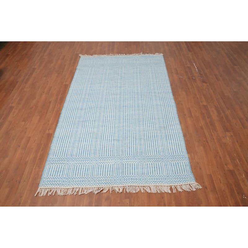 Hand Woven Oriental 100% Wool Carpet Traditional Geometric Navy Blue & Blues Durrie-Kilim Area Rug - 8' 4'' X 5' 0''