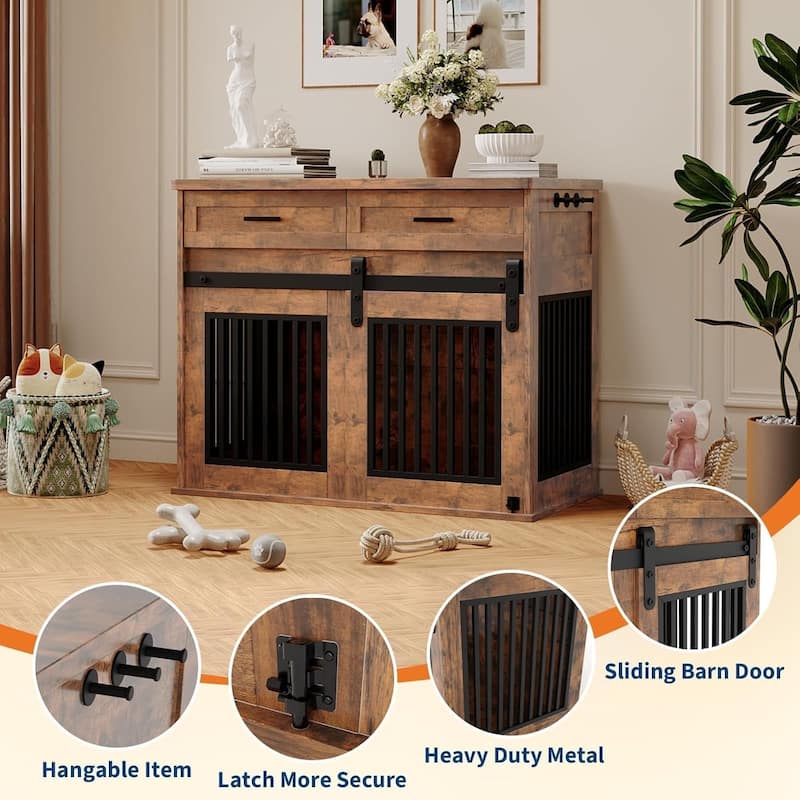 Dog Crate Furniture with Barn Door, Indoor Kennel Table with Storage - N/A