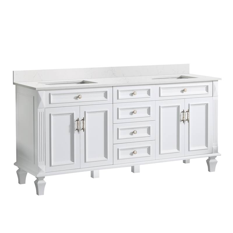 35'' H Solid Wood Bath Vanity with Stain-resistant Carrera White Quartz Top and Double Sink