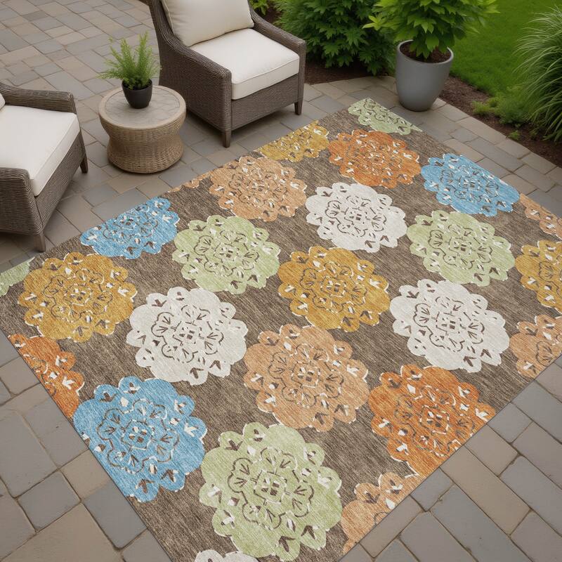 Machine Washable Indoor/ Outdoor Global Motif Chantille Rug - Chocolate - 9' x 12'