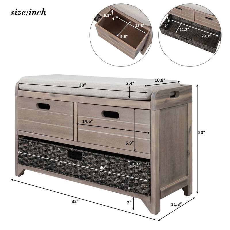 Storage Bench with Removable Basket and 2 Drawers, Removable Cushion