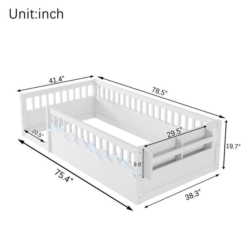 Wood Floor Bed Frame with High Rails,Light and Storage Shelf