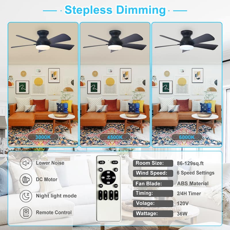 42/35 Inch Low Profile Ceiling Fan with Light: Dimmable, Remote Control, 6-Speed, 5 Blades