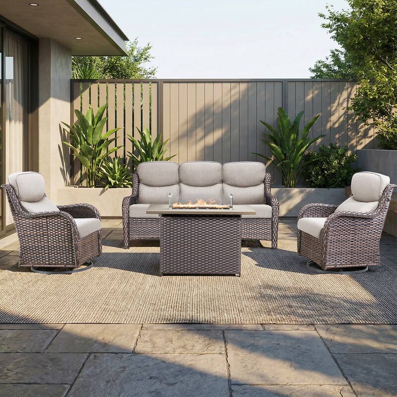 Pocassy Outdoor Fire Pit Sofa Swivel Chairs Conversation Set - Brown Wicker Beige Cushion - 4-Piece Sofa Swivel Chair w/ Fie Pit Table