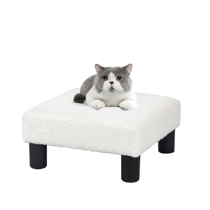 Adeco 15'' Small Ottoman Upholstered Foot Rest - White-Teddy-Velvet