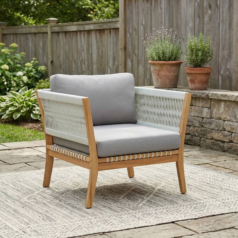 Christopher Knight Home - Modern Outdoor Acacia Wood Patio Lounge Chair with Woven Rope Accents and Weather-Resistant Cushions - Natural+Grey - 1-Piece