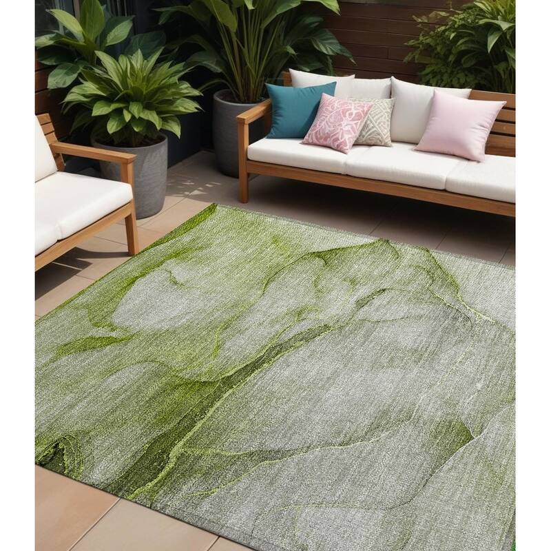 Mato Contemporary Abstract Weather Resistant Blended Style Outdoor Rug - 9' X 12' - Green