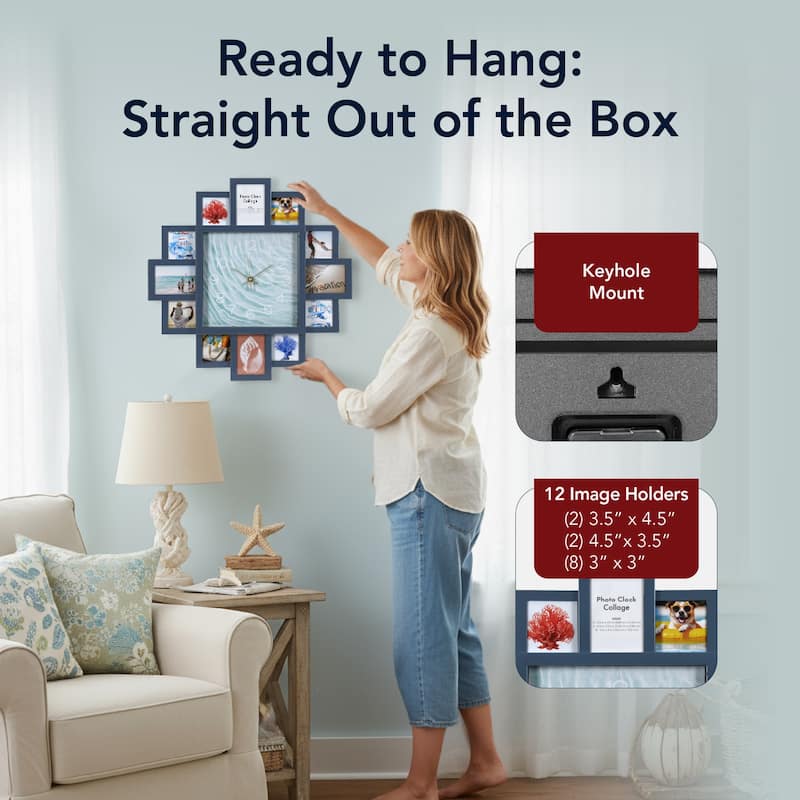 American Art Decor Picture Frame Collage Wall Clock 12 Photo Display Slots