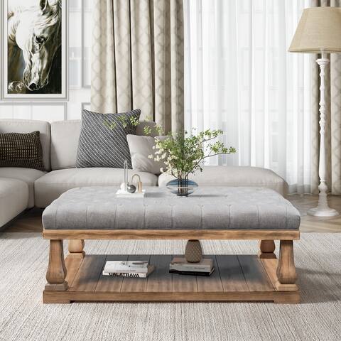 Upholstered Storage Bench with Wood Shelf, Bed End Bench with Padded Seat, Coffee table,End table, HallwayGrey