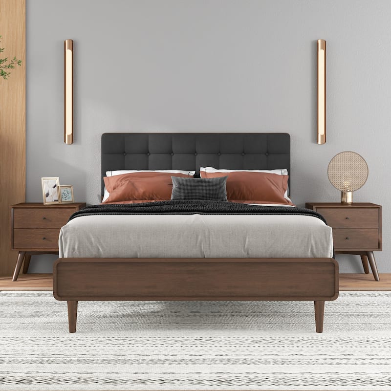 Tiana Mid-Century Modern Fabric Platform Bed Queen Size in Dark Grey
