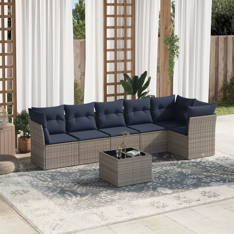 vidaXL 6/7 Piece Patio Sofa Set with Cushions Brown/Gray Poly Rattan - 21.7 x 24.4 x 27.2 - Beige and gray With table