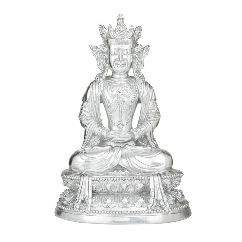 Silver Resin Bohemian Buddha Sculpture with Engraved Carvings and Relief Detailing