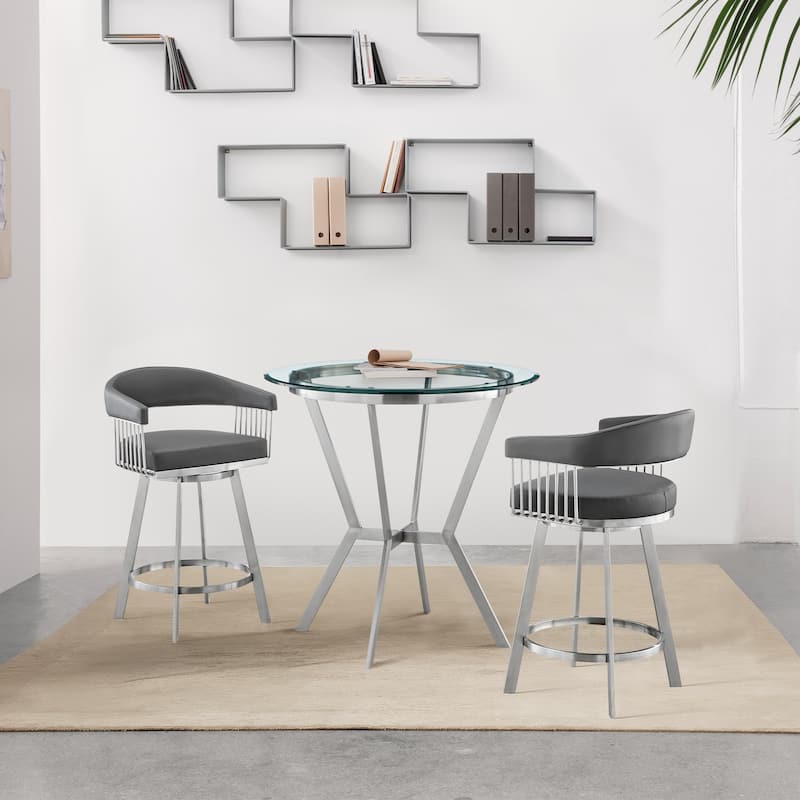 Naomi and Chelsea Counter Height Dining Set in Grey Faux Leather - 3-Piece Sets - Grey & Brushed Stainless Steel