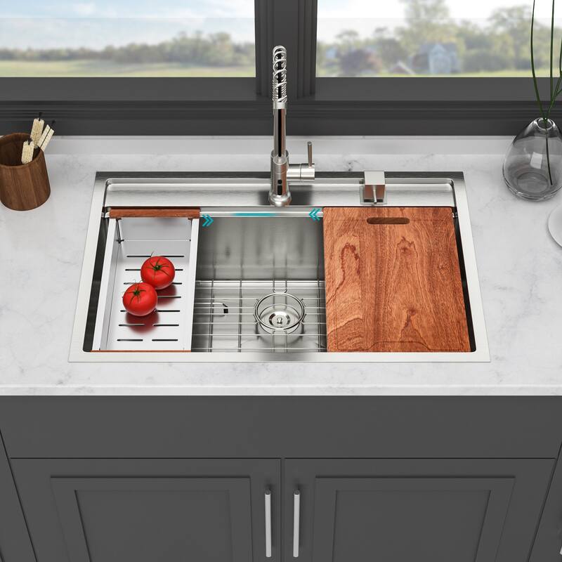 33" Drop-In 16 Gauge Single Bowl Stainless Steel Kitchen Sink - Brushed Nickel