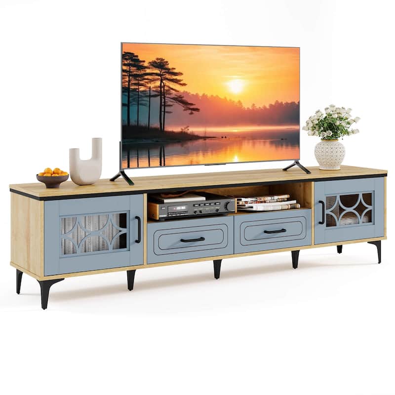 Costway 71" TV Stand for TVs up to 80" with Open Compartment Side - Oak & Bluish Gray