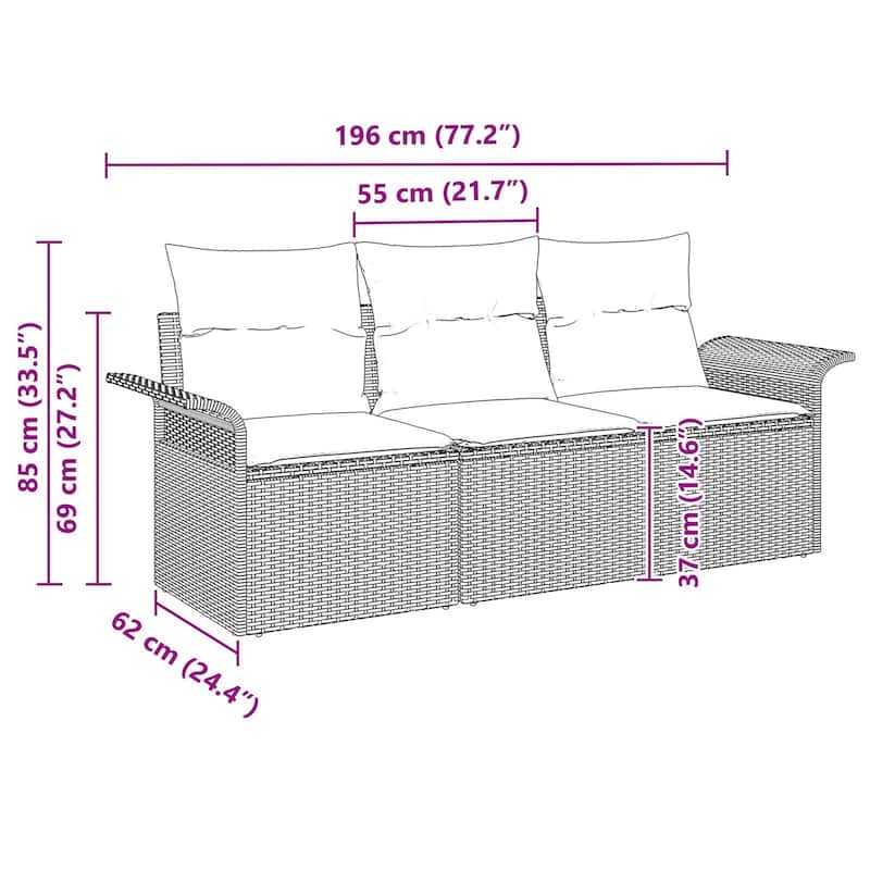 vidaXL 3-Seater Garden Sofa with Cushions Black/Brown/Grey Poly Rattan - 24.4 x 77.2 x 27.2