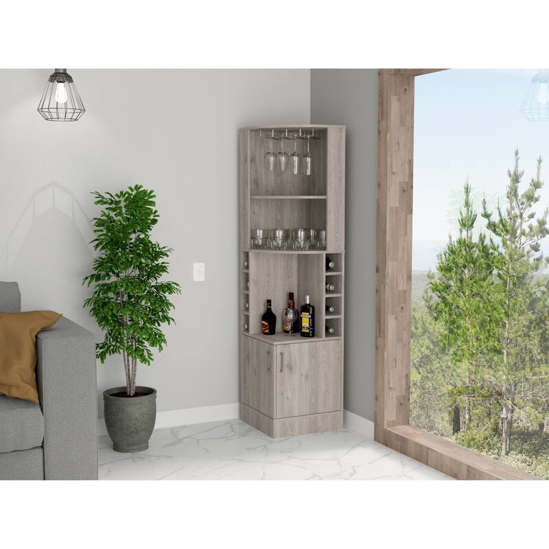 FM Furniture The Seattle Corner Bar Cabinet with 3 Open Shelves, Glass Rack, 8 Bottle Cubbies, and Double Doors - Light Gray