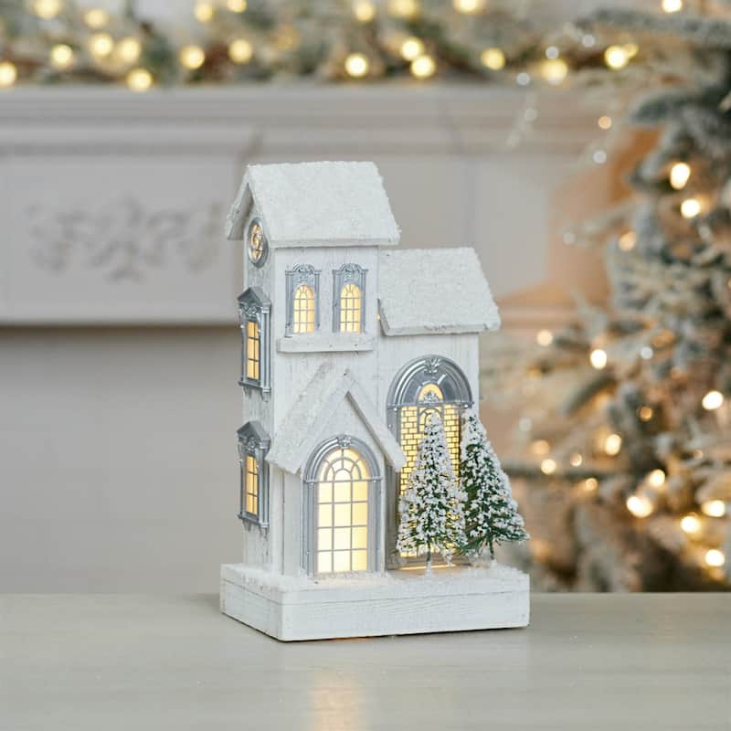 LED Lighted Flocked Wooden House Christmas Decoration - 14.5" - White
