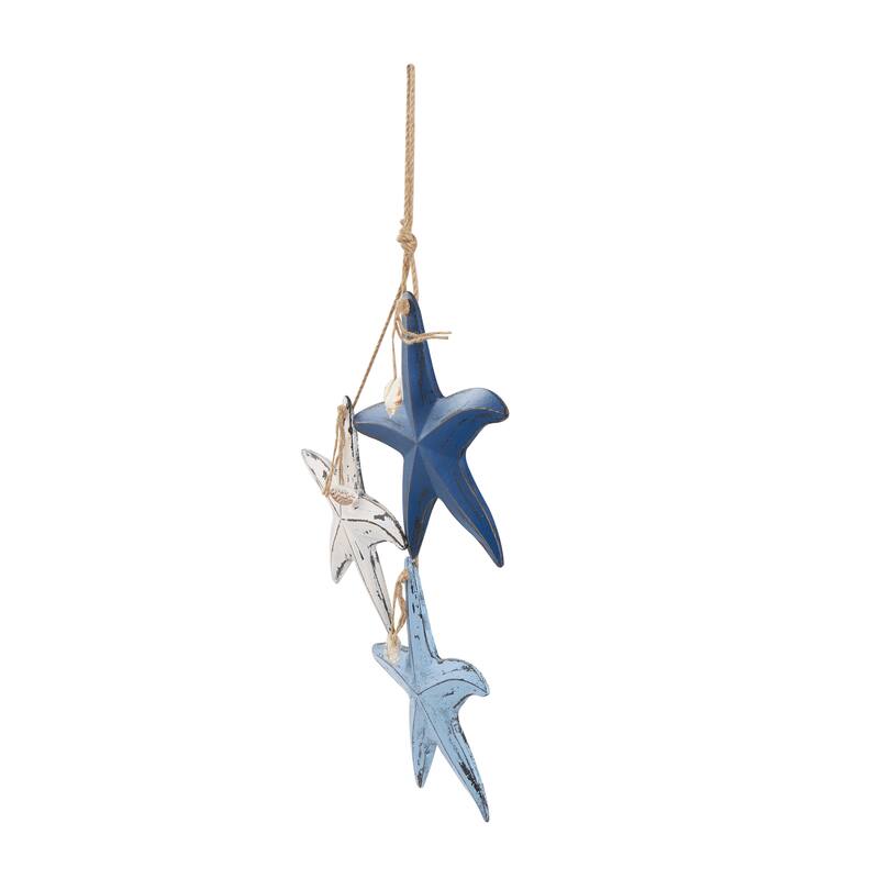 Blue Wooden Distressed Layered Starfish Home Wall Decor with Hanging Rope and Decorative Shell Accents
