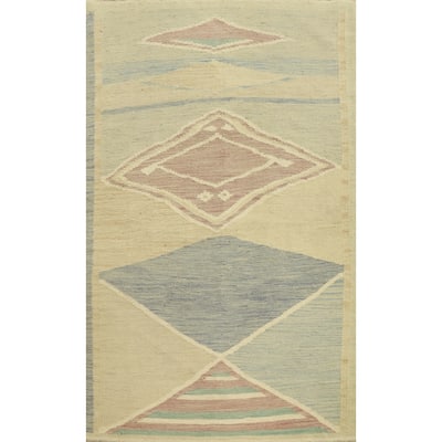 Hand Woven Oriental 100% Wool Carpet Southwestern Modern Beige & Ivories Kilim Area Rug - 4' 9'' X 3' 3''
