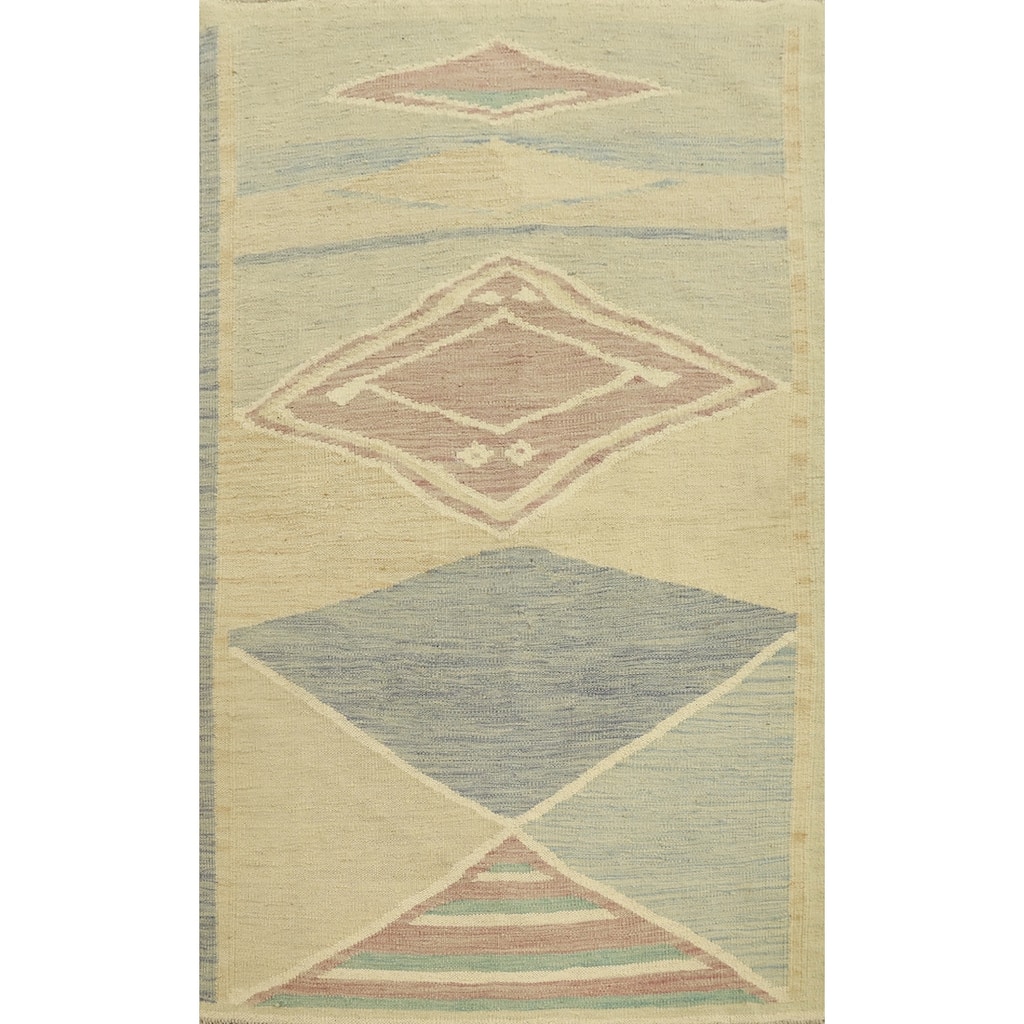 Hand Woven Oriental 100% Wool Carpet Southwestern Modern Beige & Ivories Kilim Area Rug - 4' 9'' X 3' 3''