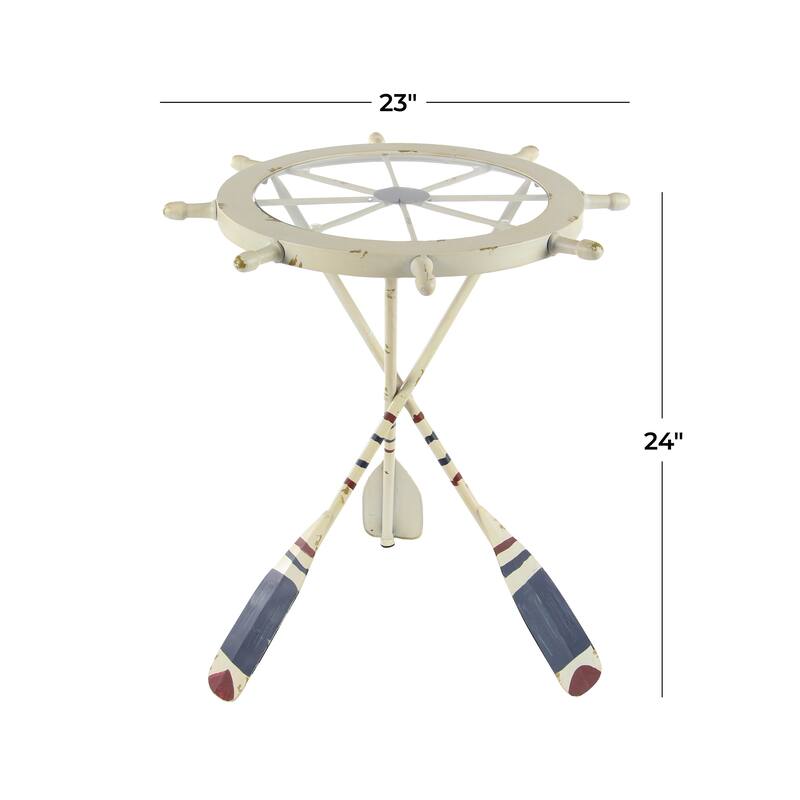 White Metal Ship Wheel Top Accent Table with Oar Shaped Legs