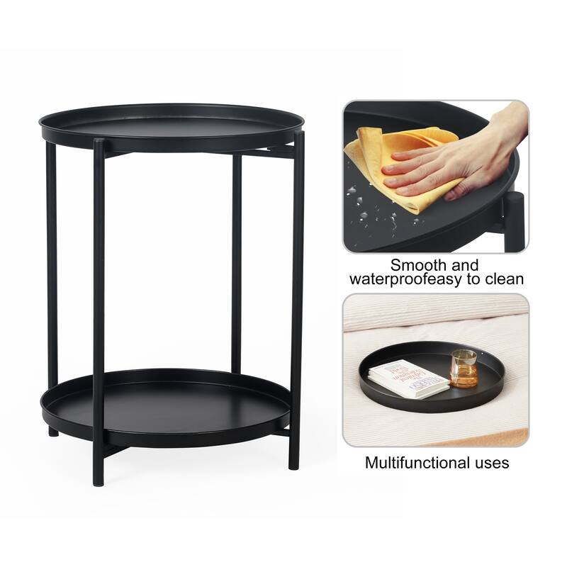 Adeco Side Table 2-Tier Metal Round End Table with Removable Tray - 17.5""(D)x 17.5""(W)x 20.7""(H)