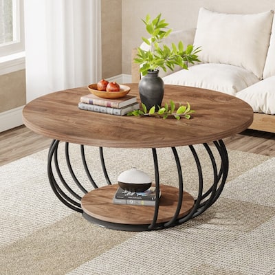 39.4" Rustic Wood Round Coffee Table with 2-Tier Storage - 39.37"D x 39.37" W x 18.11" H