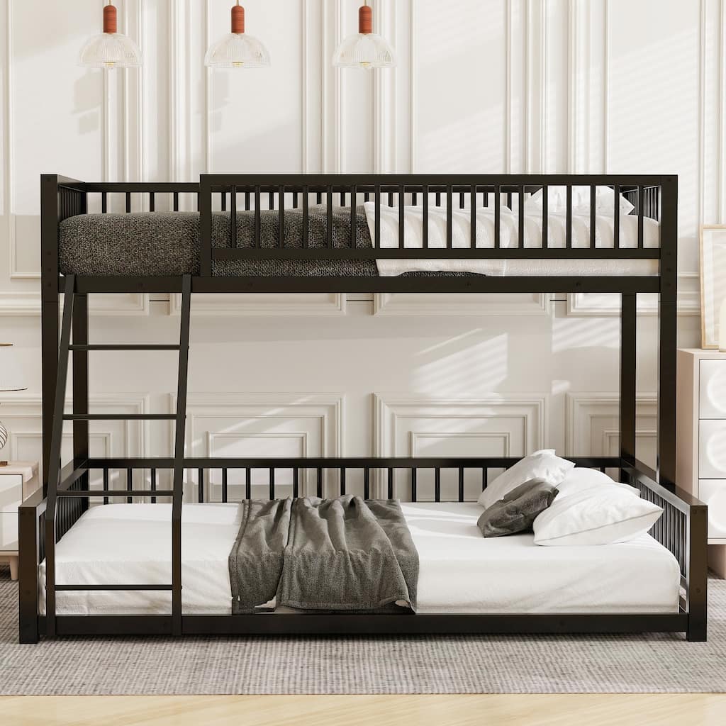 Detachable Metal Bunk Bed, Heavy Duty Metal Floor Bunk Bed Frame, Divided Into 2 Separate Beds Frame with Guardrail