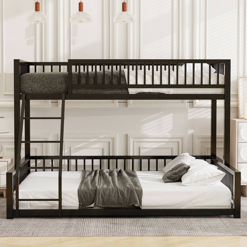 Floor Bunk Bed Heavy Metal Bed Frame with Ladder and Safety Guardrails, Detachable Bunkbeds Design Converts to 2 Platform Beds