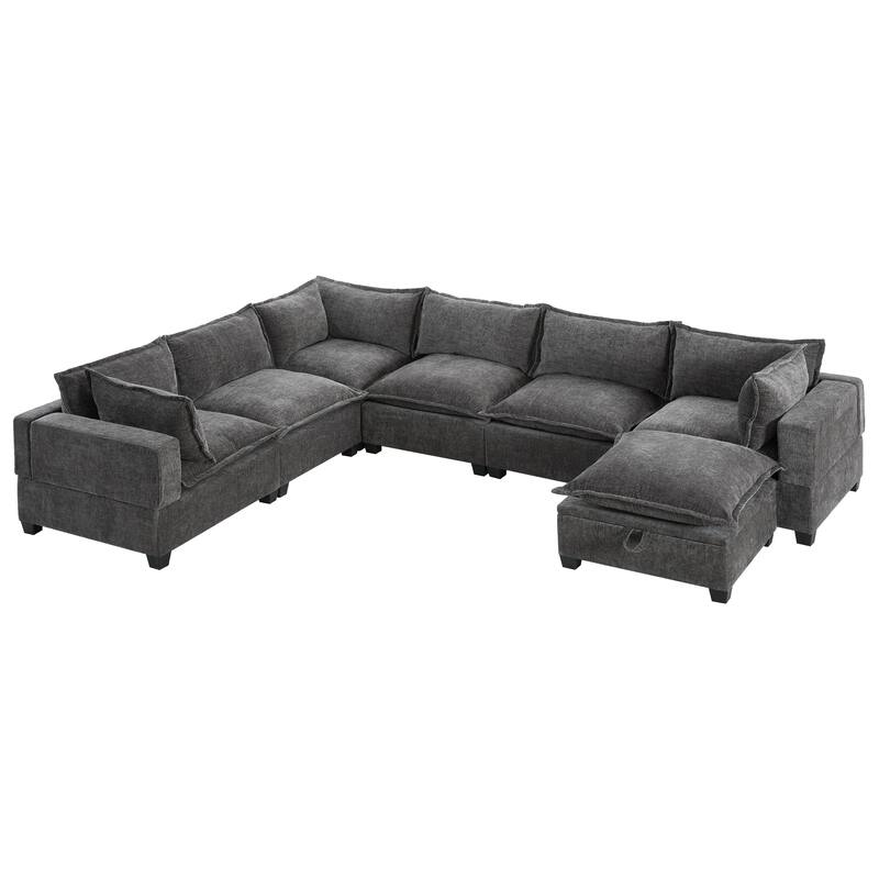 U Shaped Modular Sectional Sofa with Movable Storage Ottoman, Comfy Chenille Deep Seat Cloud Couch, Oversized 7 Seat Corner Sofa