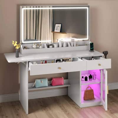 Moasis Makeup Vanity Desk with Mirror and RGB Lights & Extral Foldable Desk