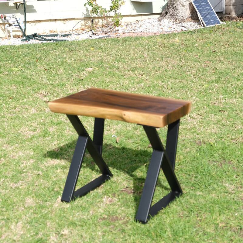 Greenage Pieced Teak Rectangle Bench Rustic Metal Seating Chair