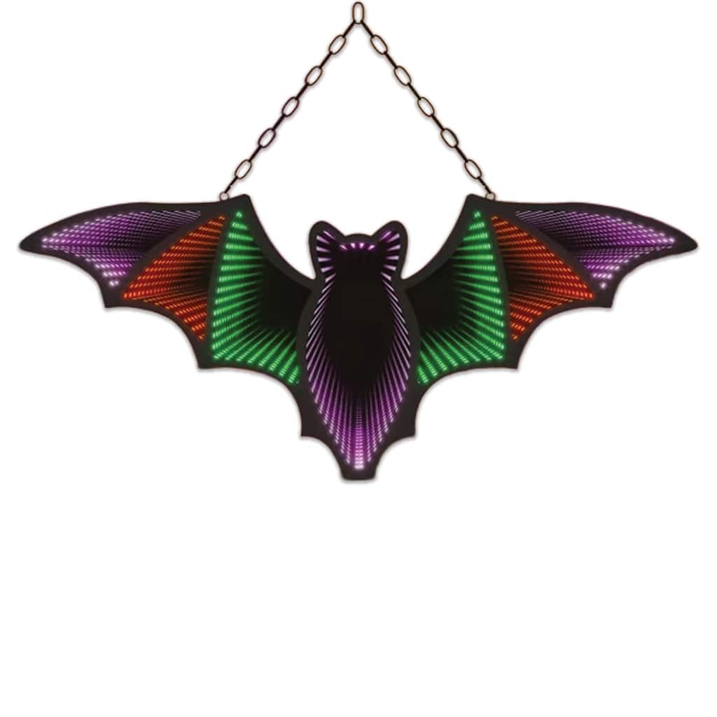 3D Bat LED Infinity Mirror, 14x10", Multicolor Halloween Motif, USB/Batt