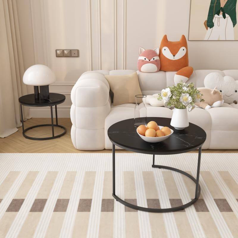 Round Nesting Coffee Table Set of 2 with Marble Pattern Top & Metal Frame